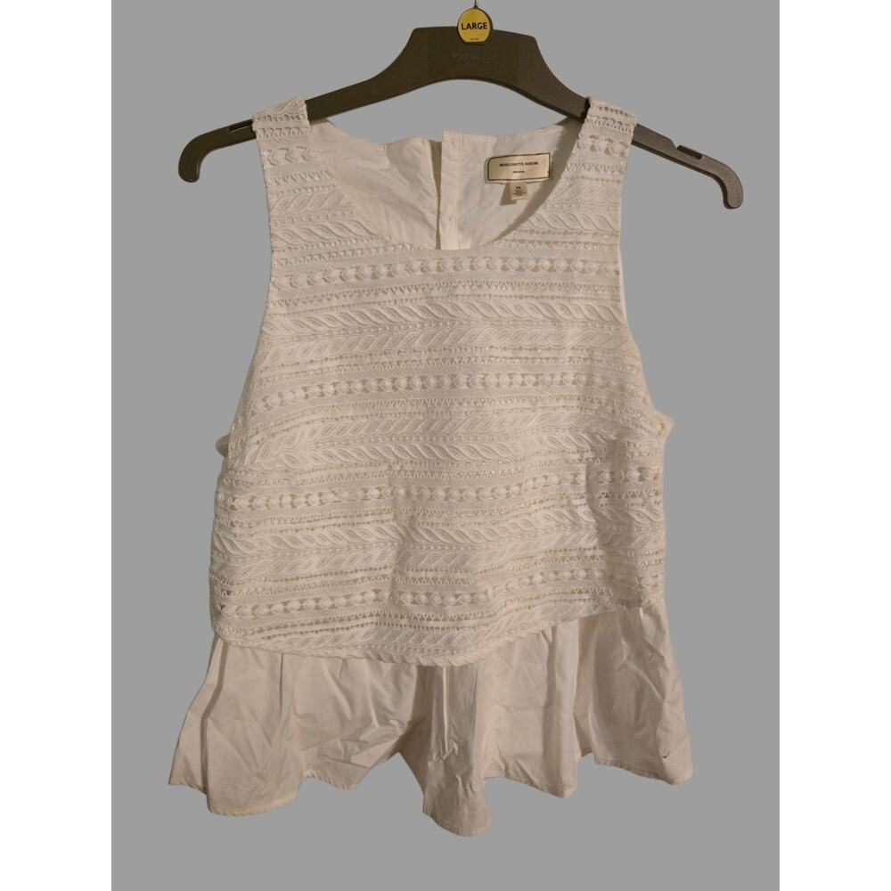 Moulinette Soeurs White Lace Ruffle Sleeveless Blouse Round Neck 100% Cotton 10